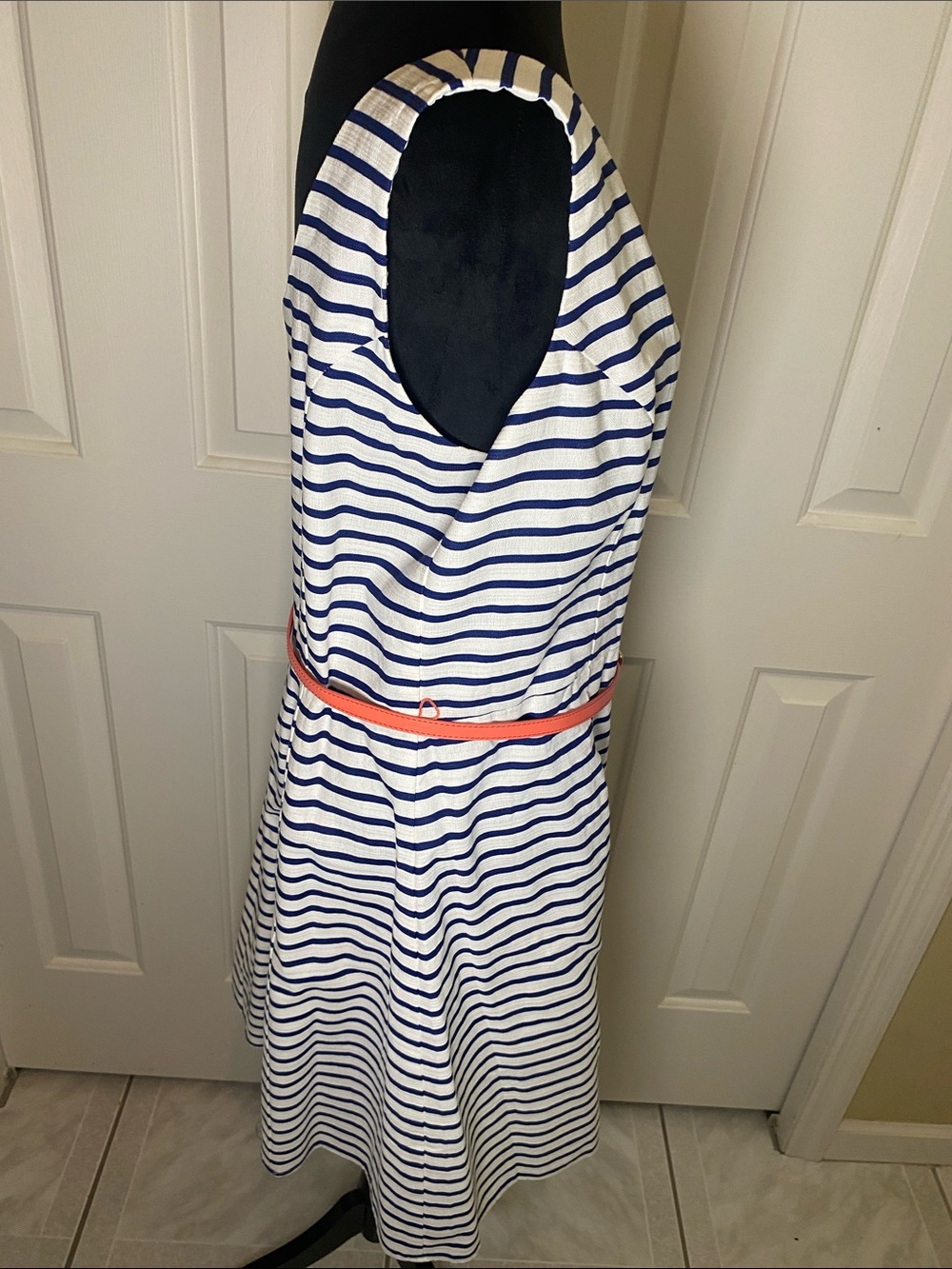 Tiana B. Navy and White Striped Sleeveless Midi Dress with Coral Belt size 16 - Picture 6 of 9